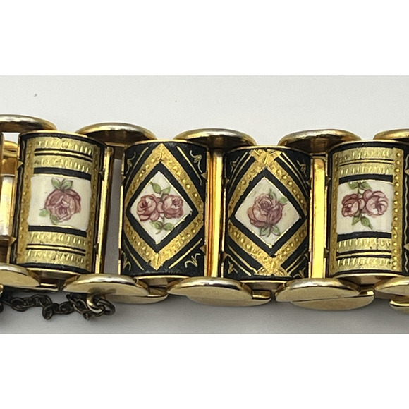 Vintage Damascene Link Bracelet Floral Pink Roses Black & Gold Tone Panels Chain - Picture 2 of 10